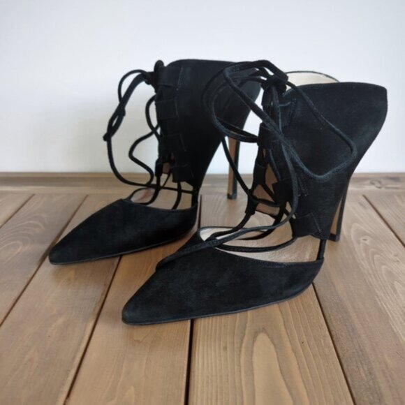 TopShop Black Strappy Faux Suede Lace up Heels 38/7.5 US - Picture 3 of 15
